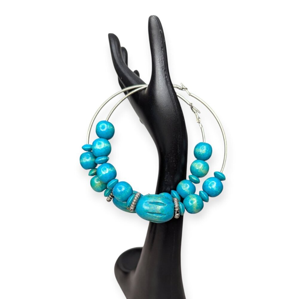 Extra Large Teal Green Wooden Beaded Earrings on Silver Tone Hoops 4 1.2" BOHO